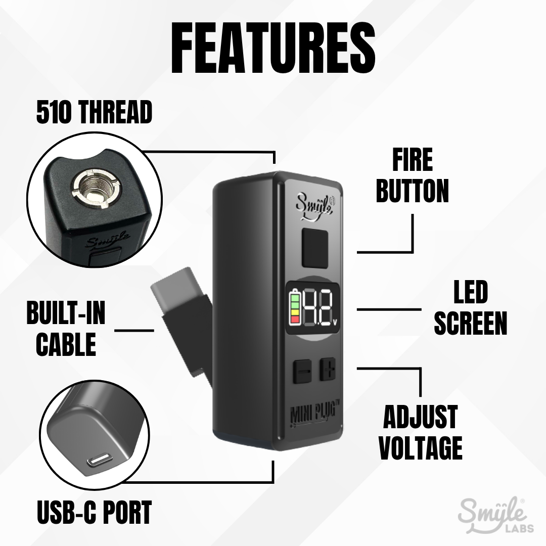 Mini Plug 510 Cart Battery with Built-in USB-C Cable, Adjustable Voltage, LED Display