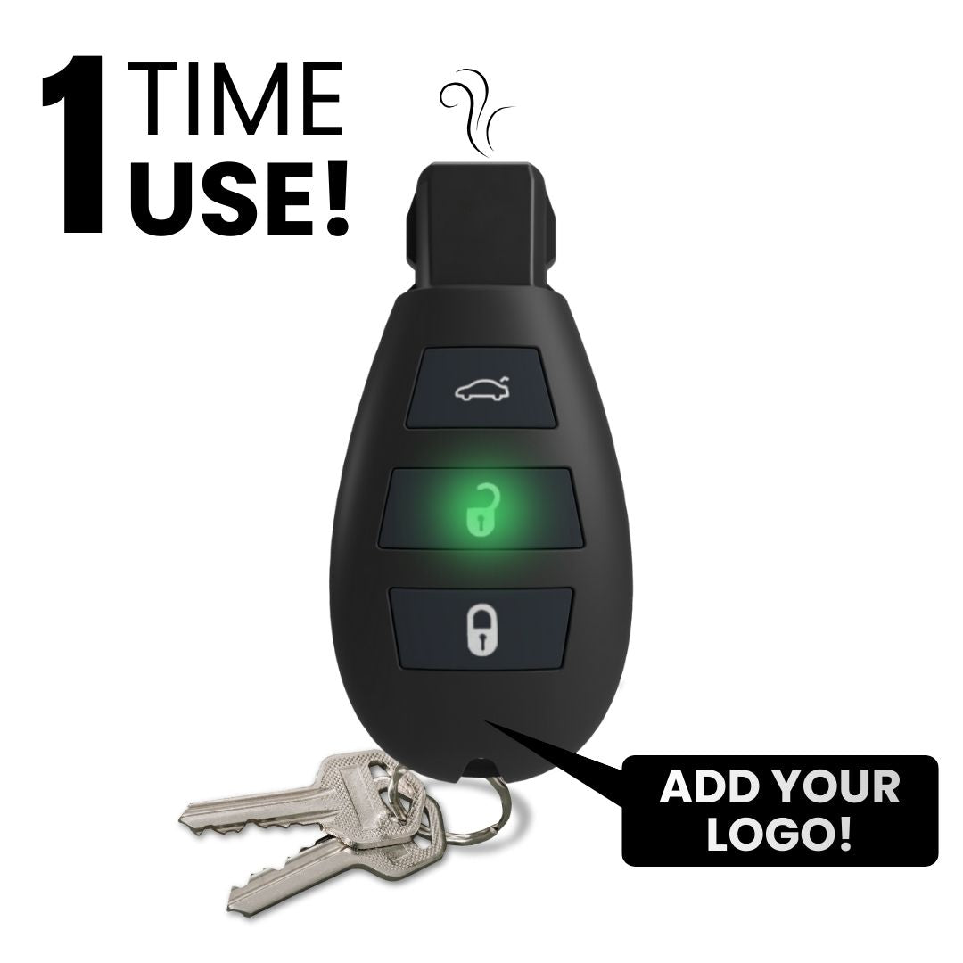 Car key fob with keys on a white background, featuring text '1 Time Use!' and 'Add Your Logo!'.
