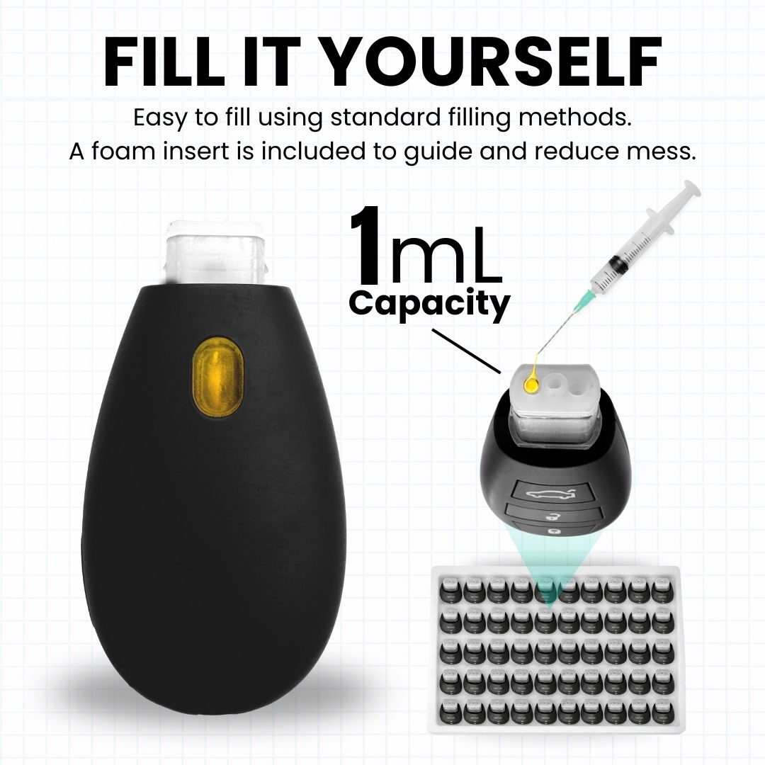 Black bottle with a foam insert and syringe for filling