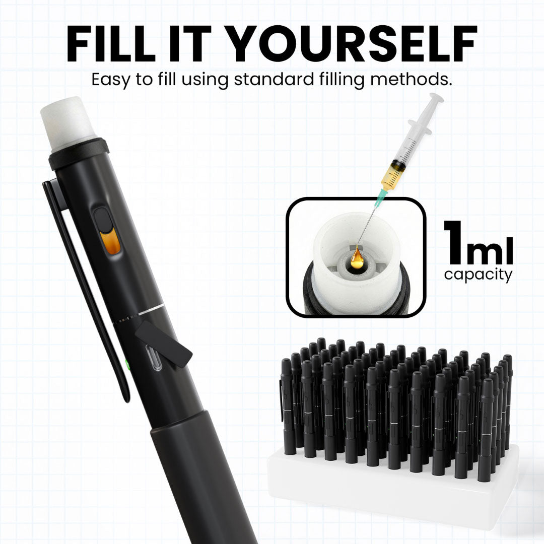 Fill it yourself black pen with syringe and ink cartridges, featuring text about filling methods.