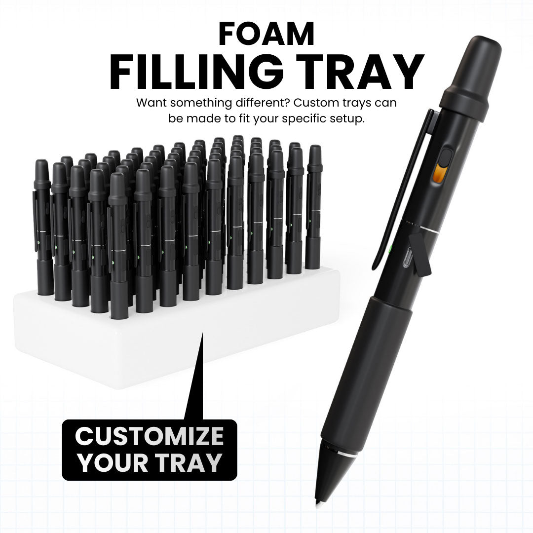 Black pen with customizable foam filling tray 